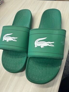 Lacoste Green Slides with White Croc Emblem